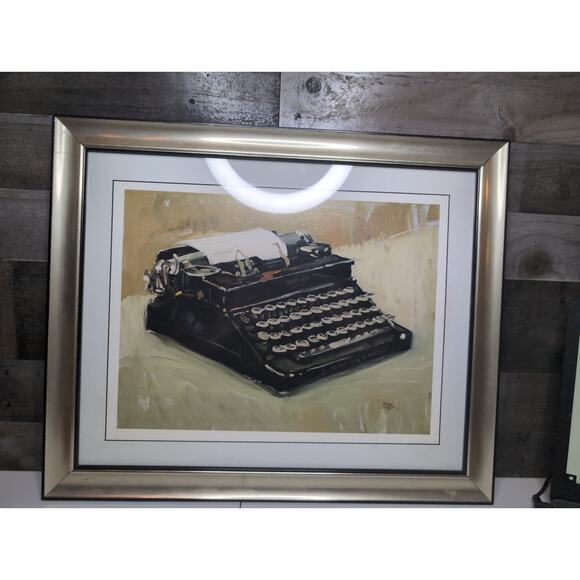Vintage Typewriter Acrylic Framed Painting and Signed 23"L x 19"W